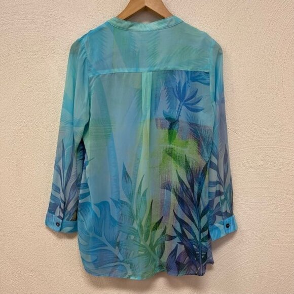 Soft Surroundings Womens Ione Tropical Chiffon Tunic Blouse Top Blue Size PS - Picture 2 of 10